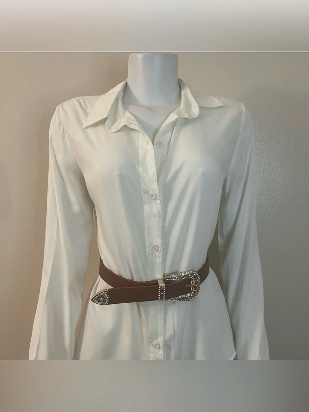 Brown PU leather gold tone buckle with rhinestones details western skinny belt